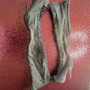 AKIRA Gray Over the Knee Lace-Up Boots